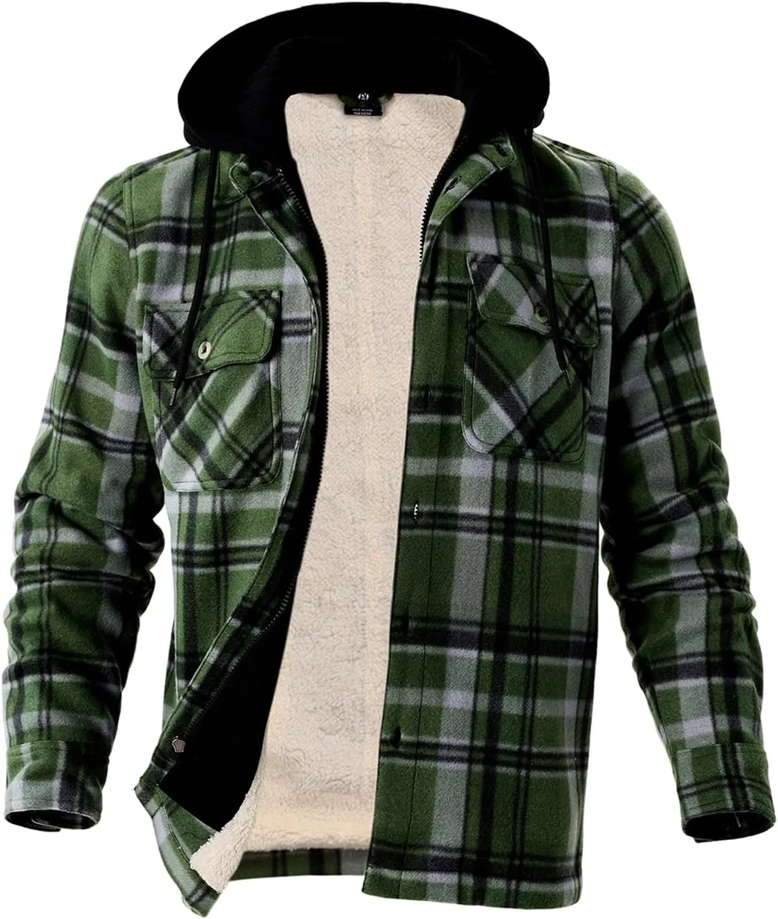 TanBridge Men's Cotton Plaid Shirts Jacket Full Zip Fleece Flannel Sherpa Lined Hoodies Heavyweight Hoodies Jacket for Men