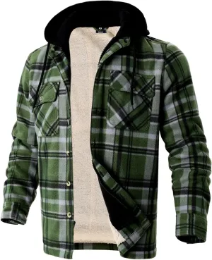 TanBridge Men's Cotton Plaid Shirts Jacket Full Zip Fleece Flannel Sherpa Lined Hoodies Heavyweight Hoodies Jacket for Men