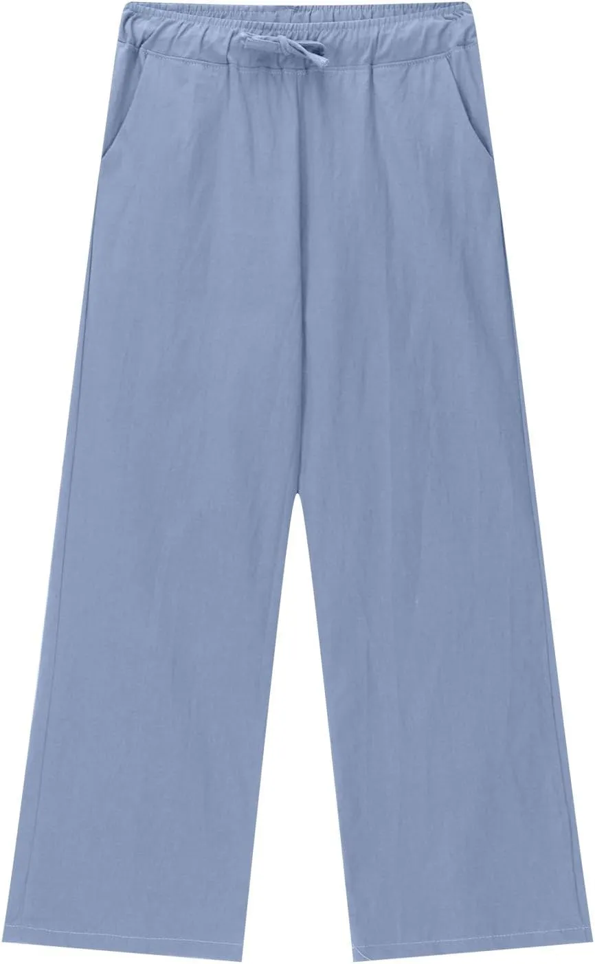Teen Girls Preppy Cotton Linen Pants Summer Lightweight Loose Fit Elastic Waist Plus Size Solid Lounge Long Trousers