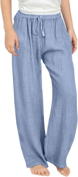 Teen Girls Preppy Cotton Linen Pants Summer Lightweight Loose Fit Elastic Waist Plus Size Solid Lounge Long Trousers