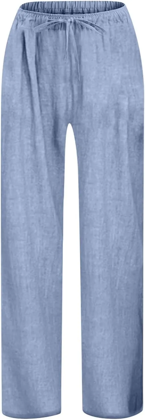Teen Girls Preppy Cotton Linen Pants Summer Lightweight Loose Fit Elastic Waist Plus Size Solid Lounge Long Trousers