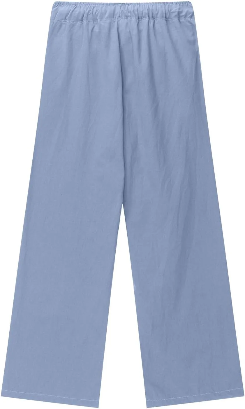 Teen Girls Preppy Cotton Linen Pants Summer Lightweight Loose Fit Elastic Waist Plus Size Solid Lounge Long Trousers