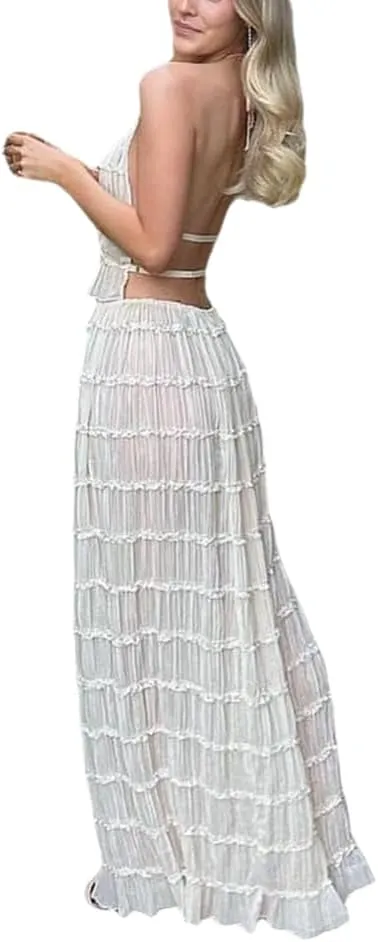 THLAI 2 Piece Chiffon Skirt for Women Strapless Backless Tops and Drawstring Maxi Skirt Sexy Clubwear Party Outfits
