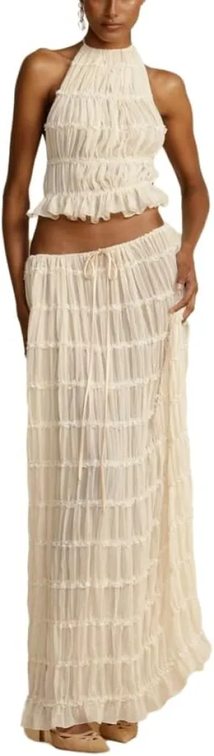 THLAI 2 Piece Chiffon Skirt for Women Strapless Backless Tops and Drawstring Maxi Skirt Sexy Clubwear Party Outfits
