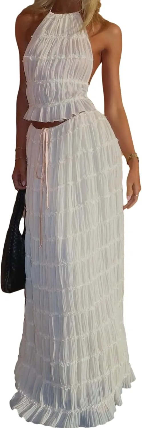 THLAI 2 Piece Chiffon Skirt for Women Strapless Backless Tops and Drawstring Maxi Skirt Sexy Clubwear Party Outfits
