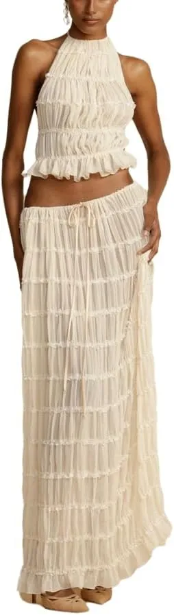THLAI 2 Piece Chiffon Skirt for Women Strapless Backless Tops and Drawstring Maxi Skirt Sexy Clubwear Party Outfits