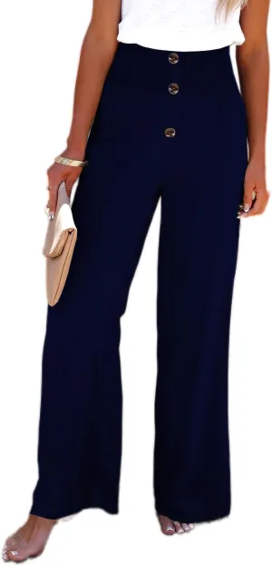 TIAFORD Women Smocked Linen Palazzo Pants Summer Casual Elastic High Waist Button Wide Leg Long Linen Beach Lounge Trousers