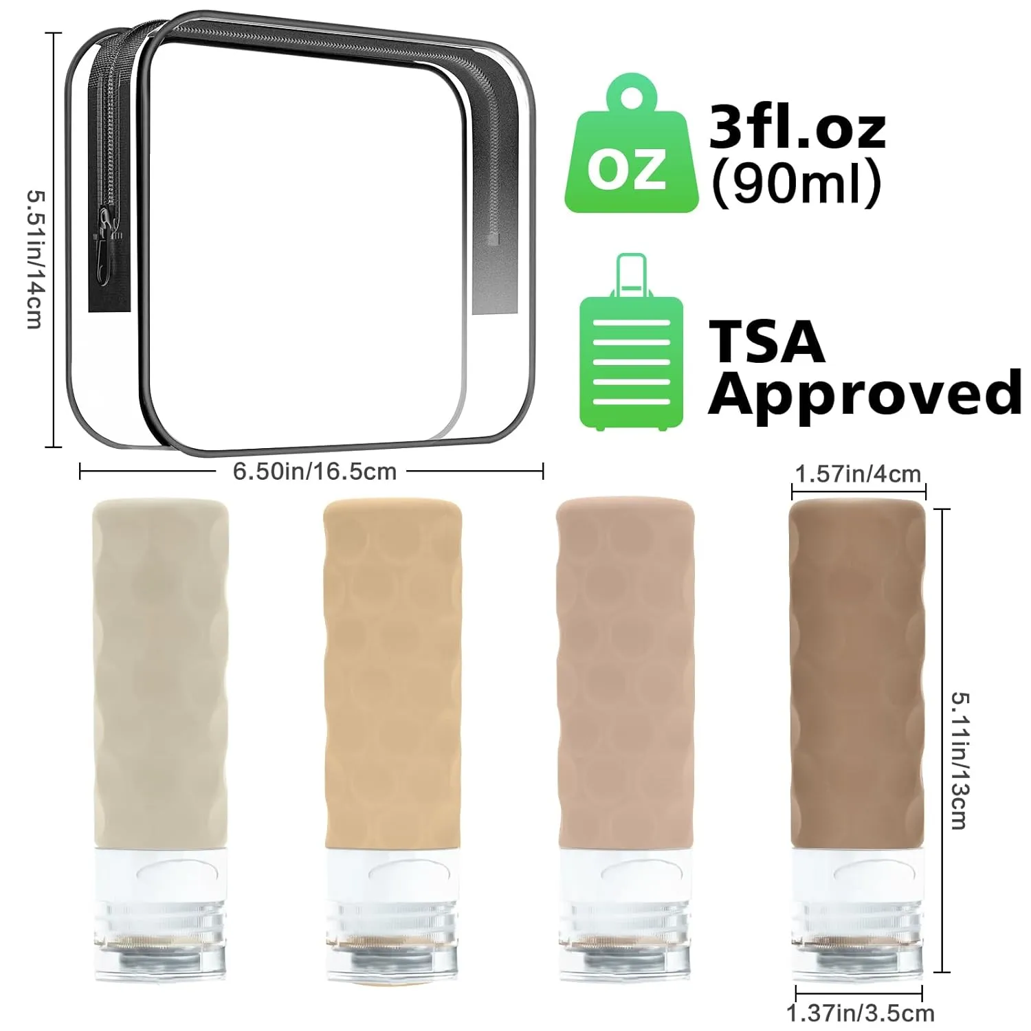 Travel Bottles for Toiletries, 4pcs Tsa Approved 3oz Travel Size Containers, BPA Free Leak Proof Premium Silicone Bottles, Refillable Liquid Squeezable Accessories W/Toiletry Bag(Cream)