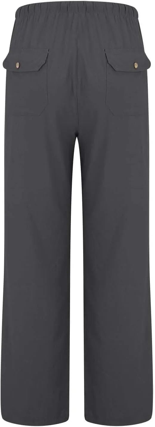 Trendy Outfits for Women 2025 Summer High Waisted Cotton Linen Palazzo Wide Leg Long Lounge Pant Trousers with Pockets