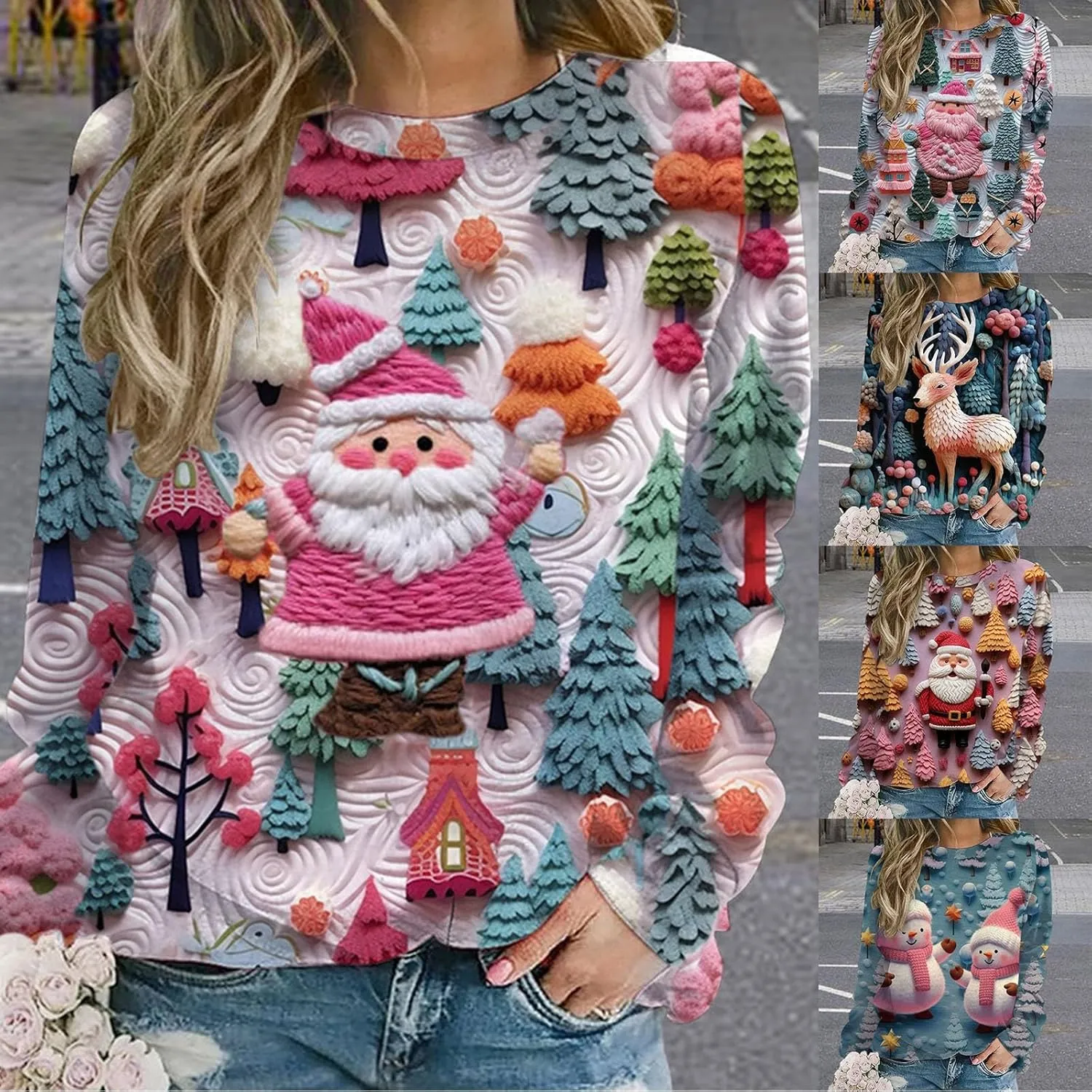 Ugly Christmas Sweater Women Sweatshirts 3D Digital Print Novelty Pullover Tops Funny Santa Xmas Tree Graphic Holiday Outfits