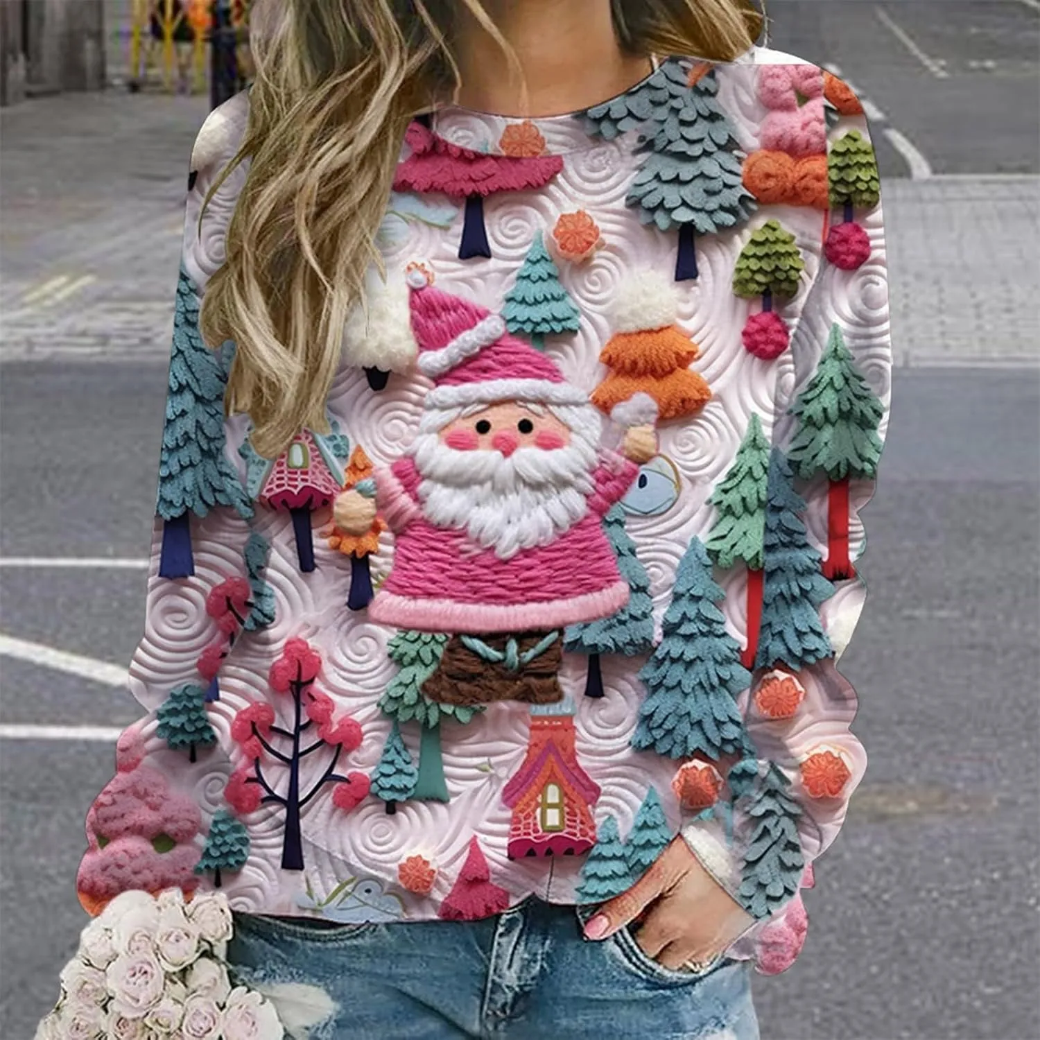 Ugly Christmas Sweater Women Sweatshirts 3D Digital Print Novelty Pullover Tops Funny Santa Xmas Tree Graphic Holiday Outfits