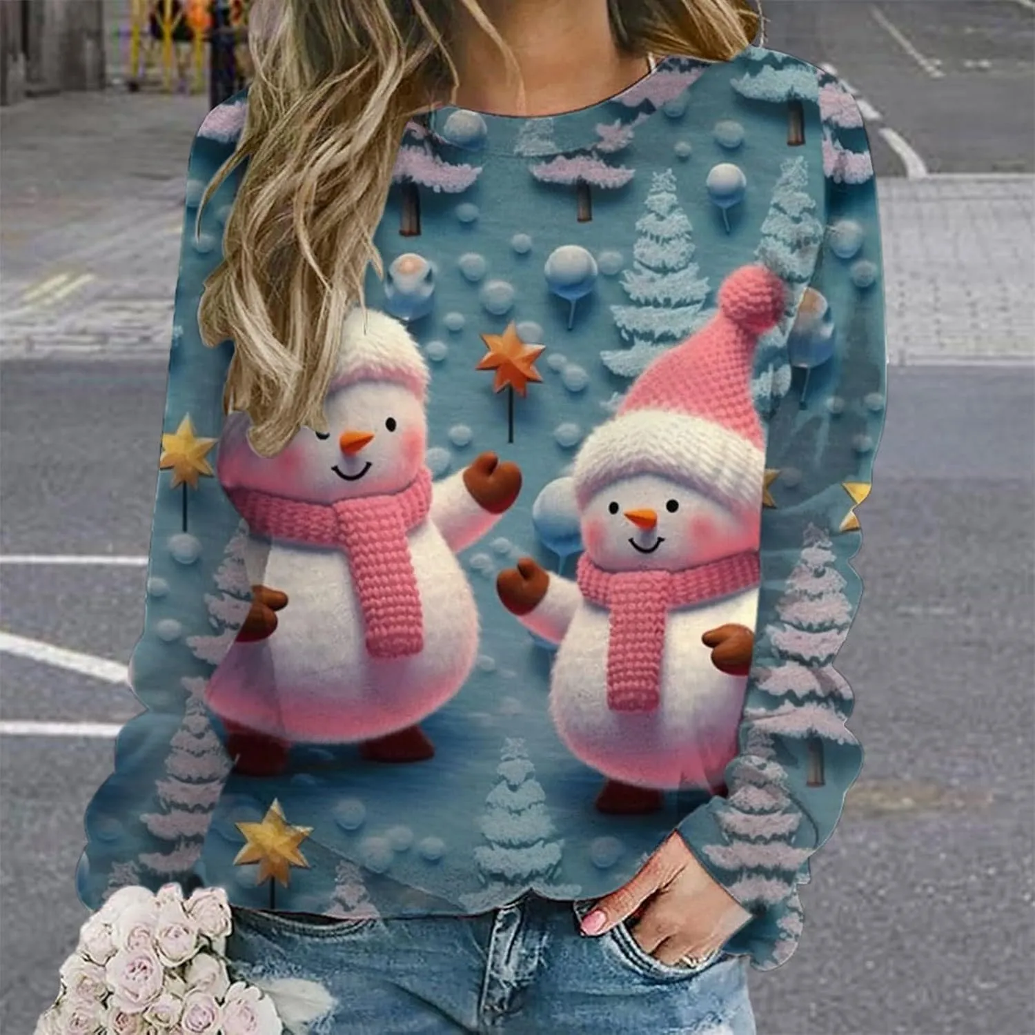 Ugly Christmas Sweater Women Sweatshirts 3D Digital Print Novelty Pullover Tops Funny Santa Xmas Tree Graphic Holiday Outfits