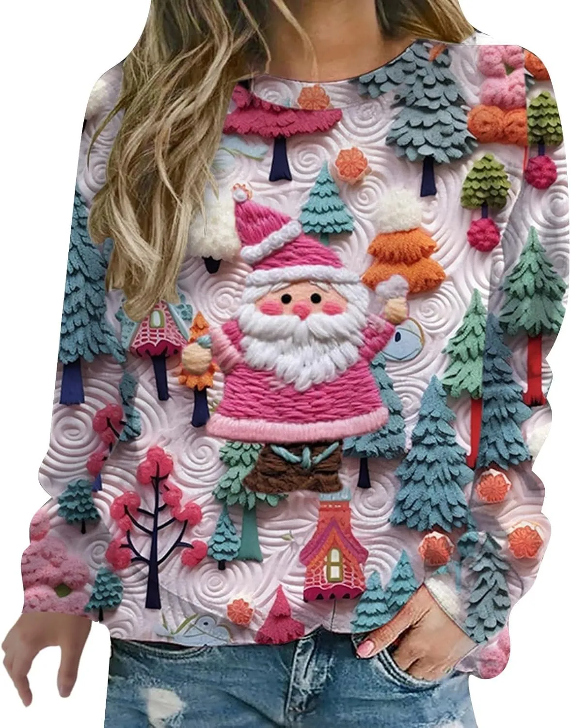 Ugly Christmas Sweater Women Sweatshirts 3D Digital Print Novelty Pullover Tops Funny Santa Xmas Tree Graphic Holiday Outfits