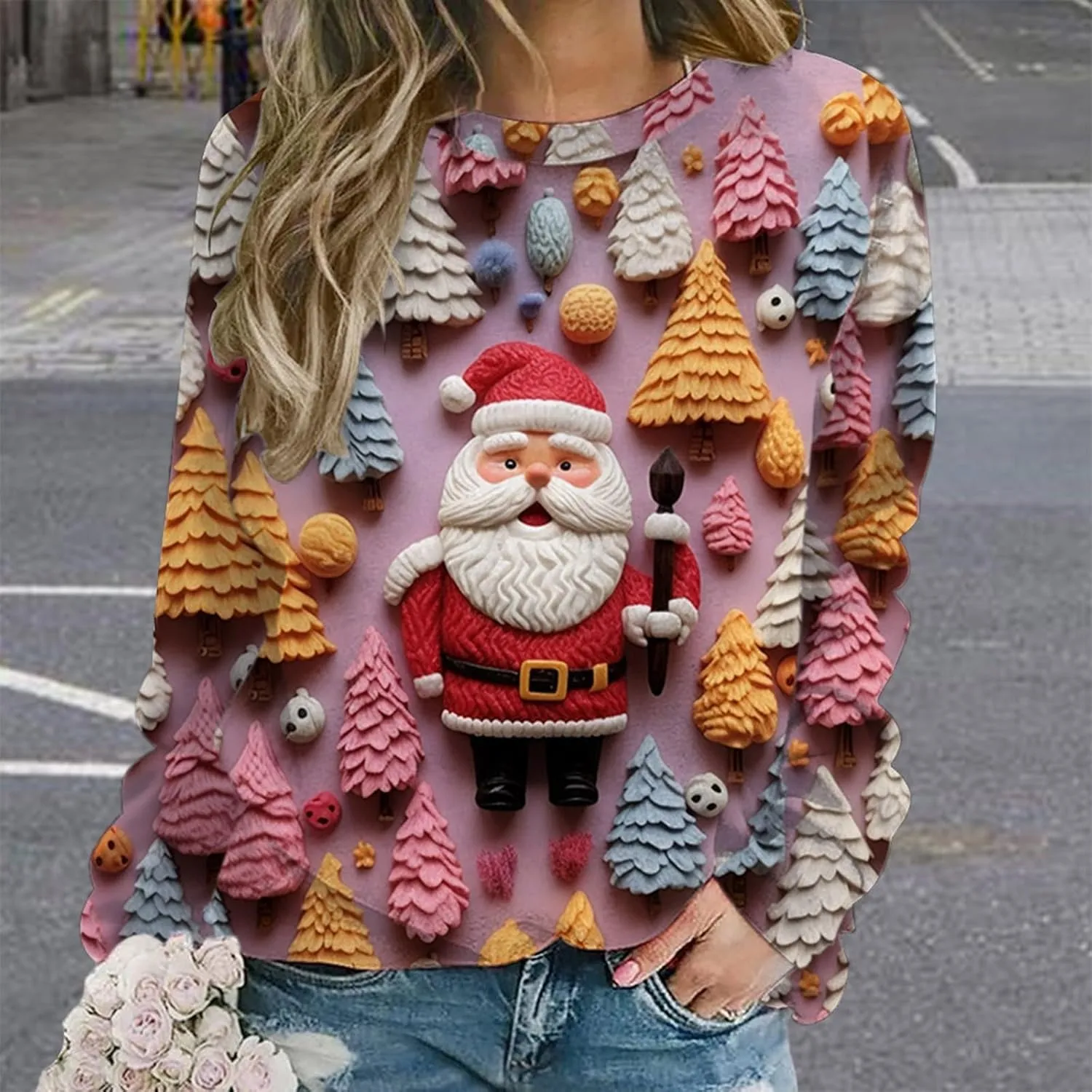 Ugly Christmas Sweater Women Sweatshirts 3D Digital Print Novelty Pullover Tops Funny Santa Xmas Tree Graphic Holiday Outfits