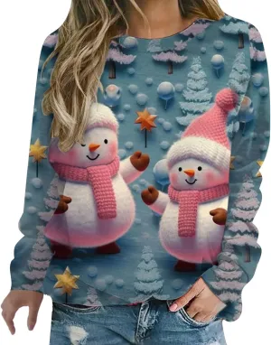 Ugly Christmas Sweater Women Sweatshirts 3D Digital Print Novelty Pullover Tops Funny Santa Xmas Tree Graphic Holiday Outfits