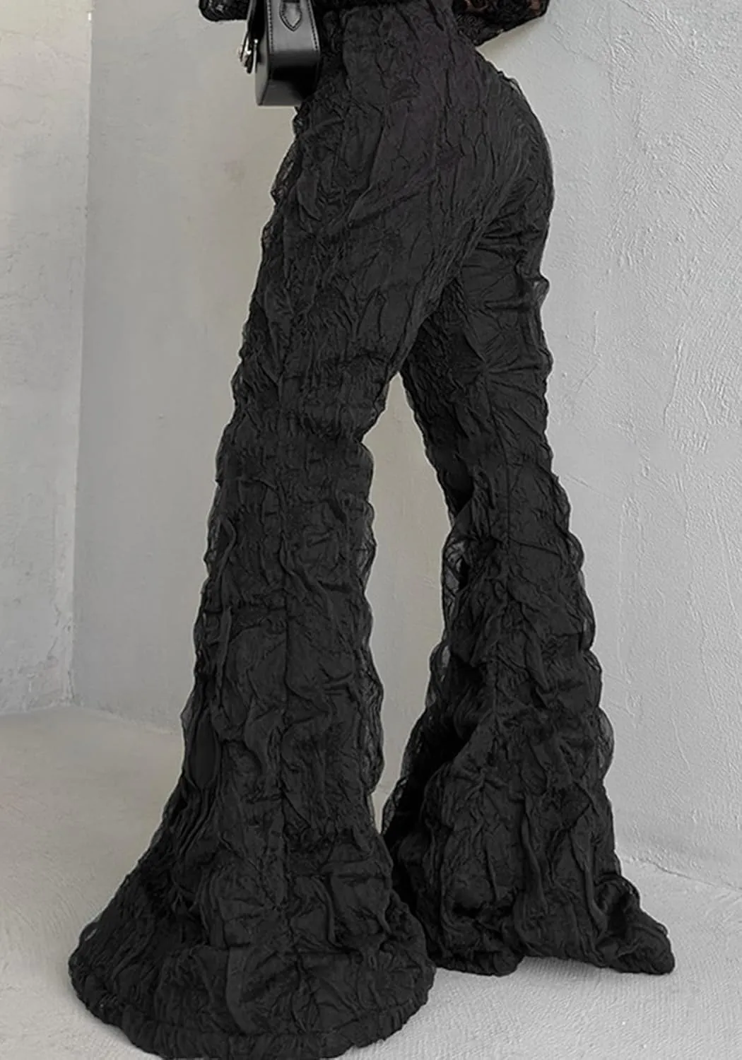 Unybwonn Women Sexy Lace Bell Bottom Pant Ruffle Wave Wide Leg High Waist Palazzo Mesh Pants Party y2k Pleated Trousers