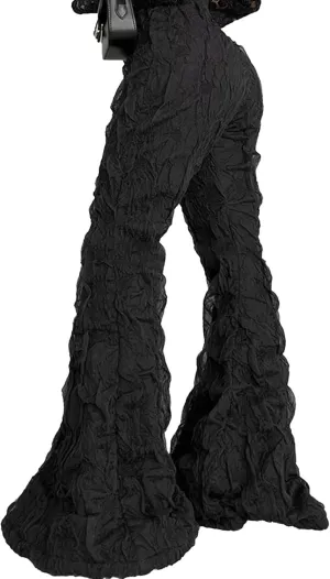 Unybwonn Women Sexy Lace Bell Bottom Pant Ruffle Wave Wide Leg High Waist Palazzo Mesh Pants Party y2k Pleated Trousers