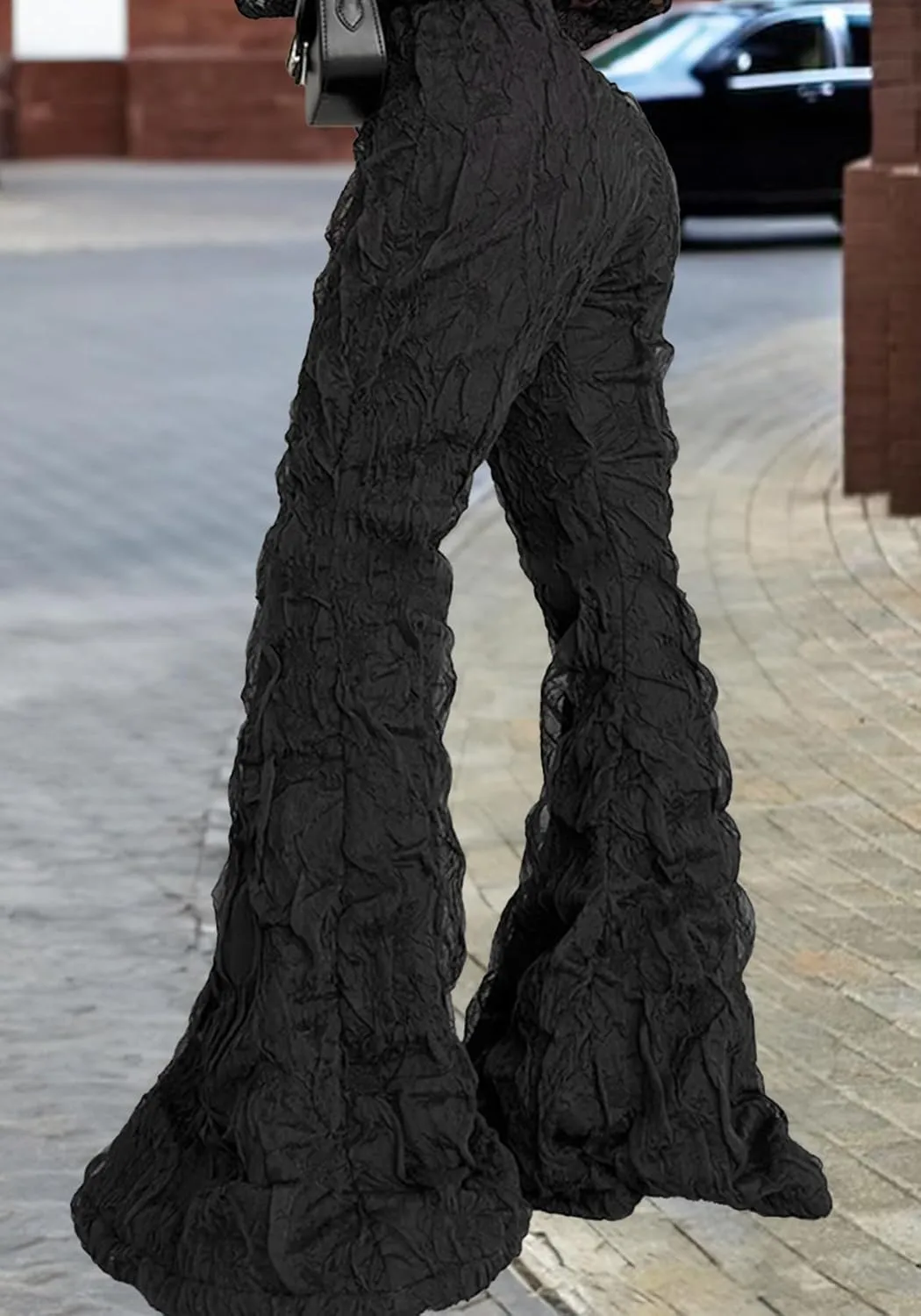 Unybwonn Women Sexy Lace Bell Bottom Pant Ruffle Wave Wide Leg High Waist Palazzo Mesh Pants Party y2k Pleated Trousers