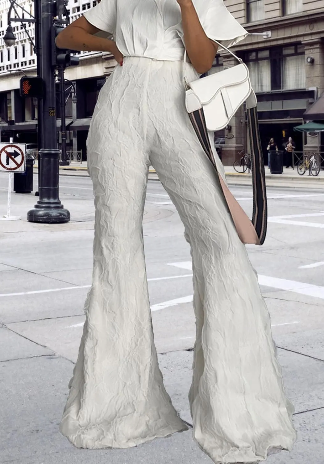 Unybwonn Women Sexy Lace Bell Bottom Pant Ruffle Wave Wide Leg High Waist Palazzo Mesh Pants Party y2k Pleated Trousers