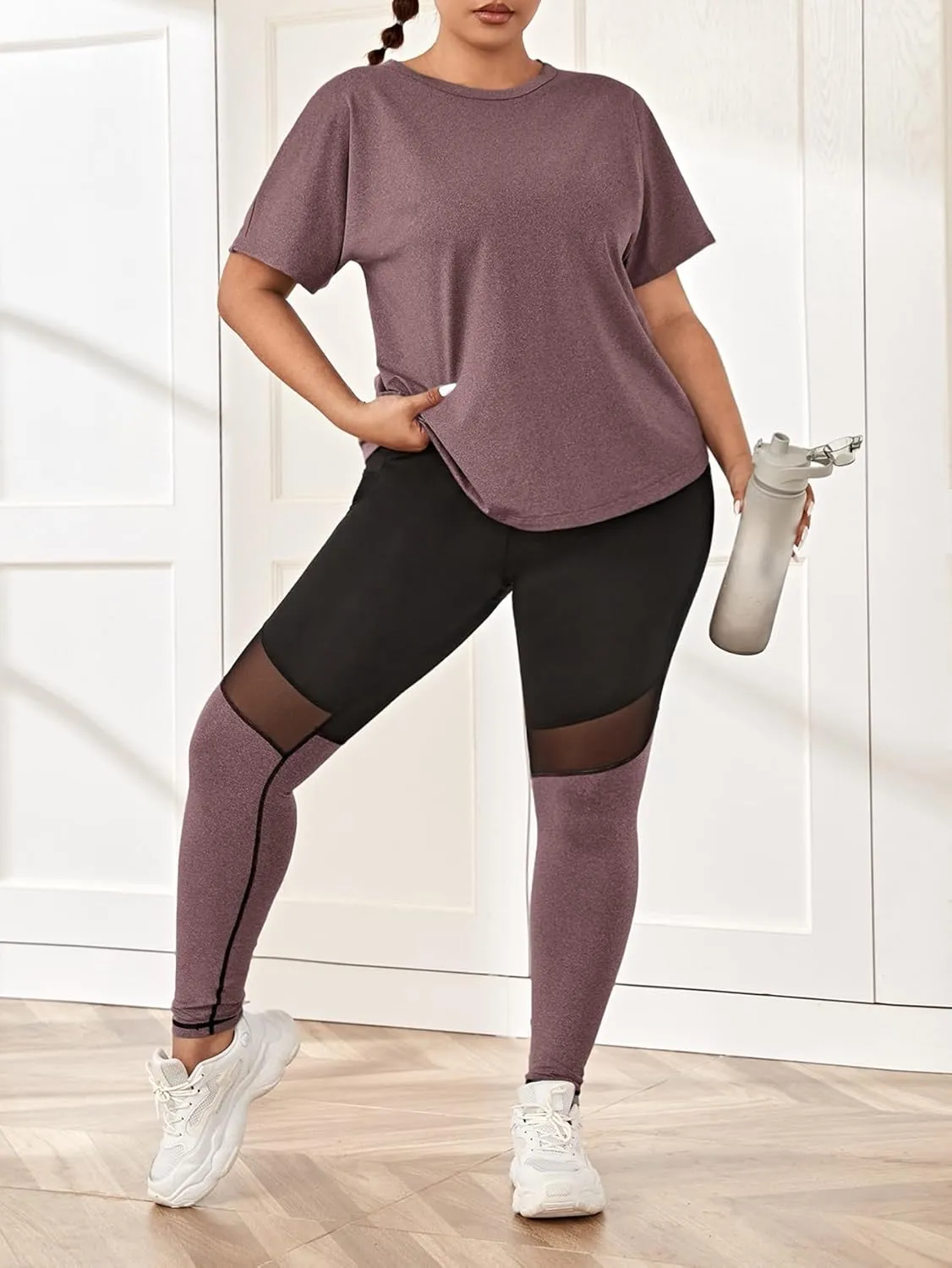 Verdusa Women's Plus 2 Piece Workout Sets Casual Oversized Backless T-Shirt Tops With Pocket Leggings Jogger Outfit