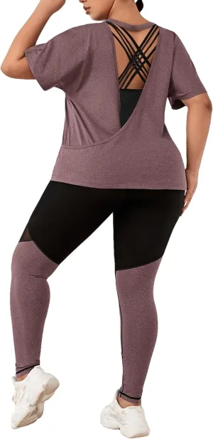 Verdusa Women's Plus 2 Piece Workout Sets Casual Oversized Backless T-Shirt Tops With Pocket Leggings Jogger Outfit