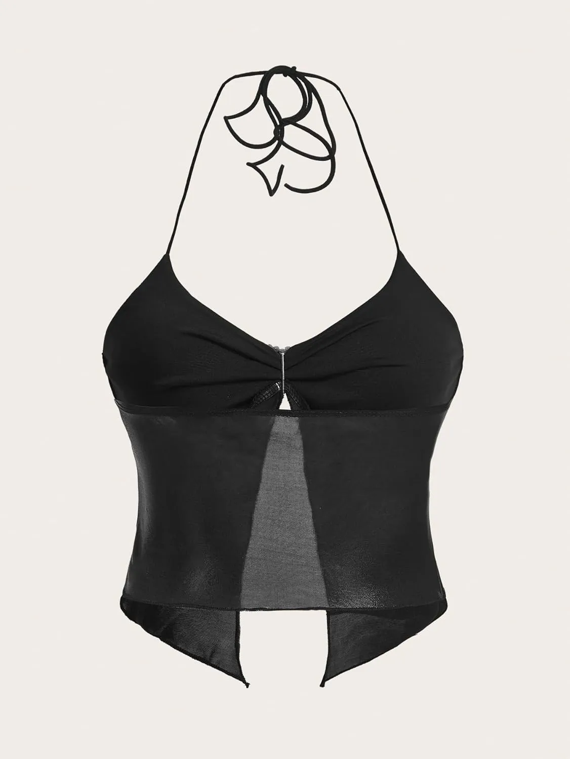 Verdusa Women's Y2K Tops Heart Rhinestone Backless Ruched Cami Asymmetrical Split Crop Halter Top