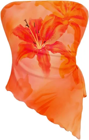 WDIRARA Women's Floral Mesh Strapless Side Ruched Tube Top Asymmetrical Hem Bandeau Crop Tops