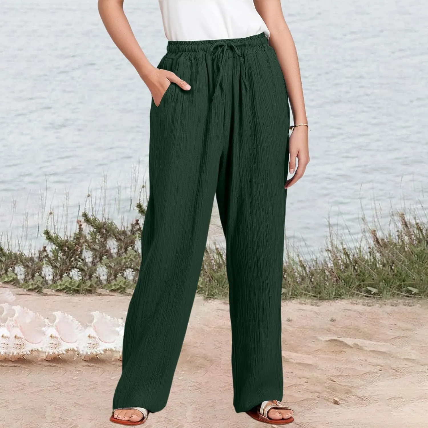 Wide Leg Cotton Linen Pants Women Casual Elastic Waist Loose Flowy Palazzo Pants Comfy Summer Beach Pant with Pockets
