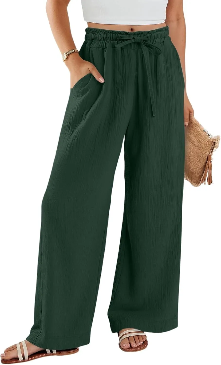 Wide Leg Cotton Linen Pants Women Casual Elastic Waist Loose Flowy Palazzo Pants Comfy Summer Beach Pant with Pockets