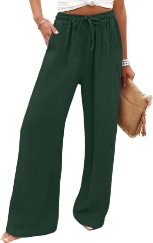Wide Leg Cotton Linen Pants Women Casual Elastic Waist Loose Flowy Palazzo Pants Comfy Summer Beach Pant with Pockets