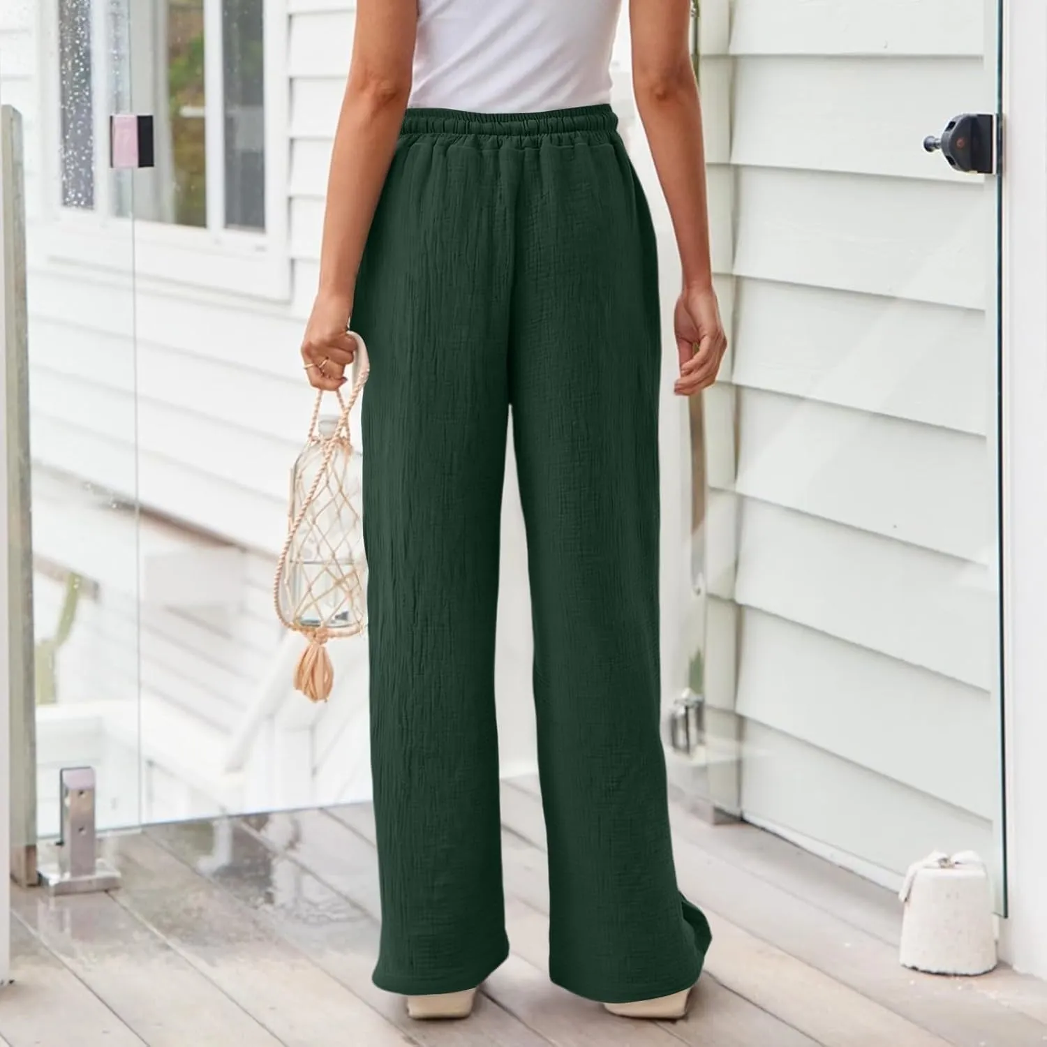 Wide Leg Cotton Linen Pants Women Casual Elastic Waist Loose Flowy Palazzo Pants Comfy Summer Beach Pant with Pockets