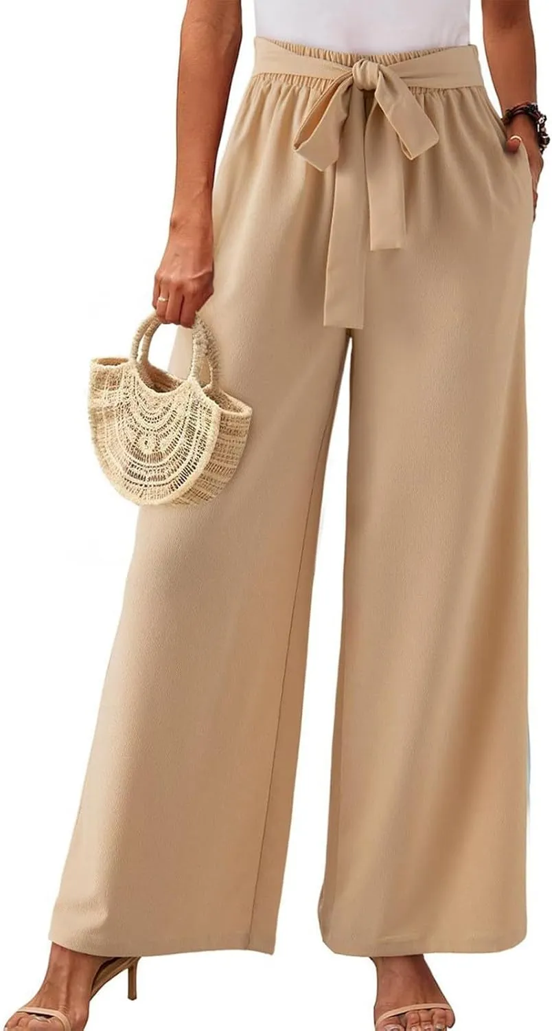 Wide Leg Dress Pants for Women Paperbag High Waisted Business Casual Pants Palazzo Lounge Pants Trousers with Pockets