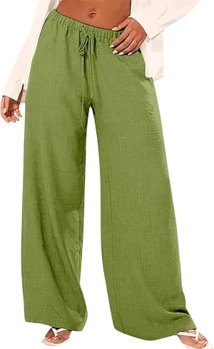 Wide Leg Linen Pants for Women Casual Drawstring High Waisted Palazzo Pants Lightweight Summer Flowy Beach Trousers