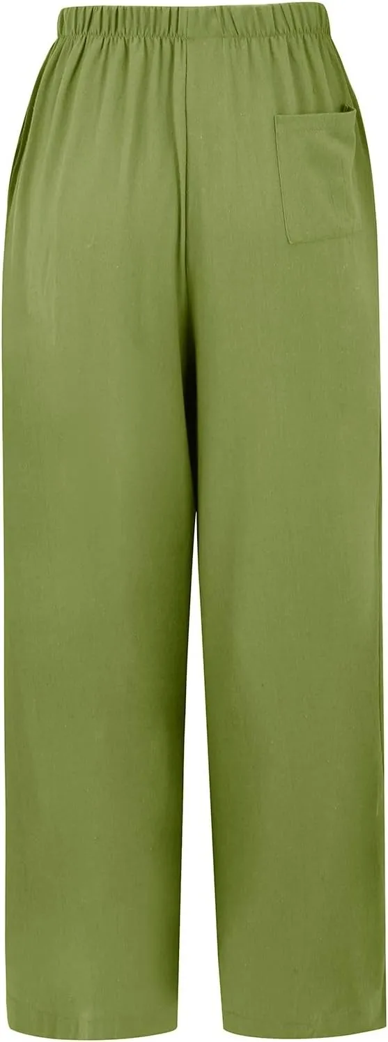 Wide Leg Linen Pants for Women Casual Drawstring High Waisted Palazzo Pants Lightweight Summer Flowy Beach Trousers