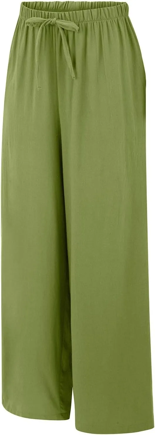 Wide Leg Linen Pants for Women Casual Drawstring High Waisted Palazzo Pants Lightweight Summer Flowy Beach Trousers