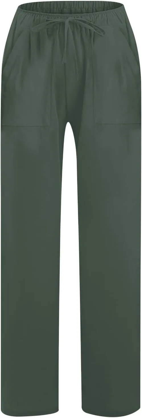 Wide Leg Linen Pants for Women Casual Summer Elastic Waist Loose Palazzo Trousers Flowy Beach Lounge Pants with Pocket