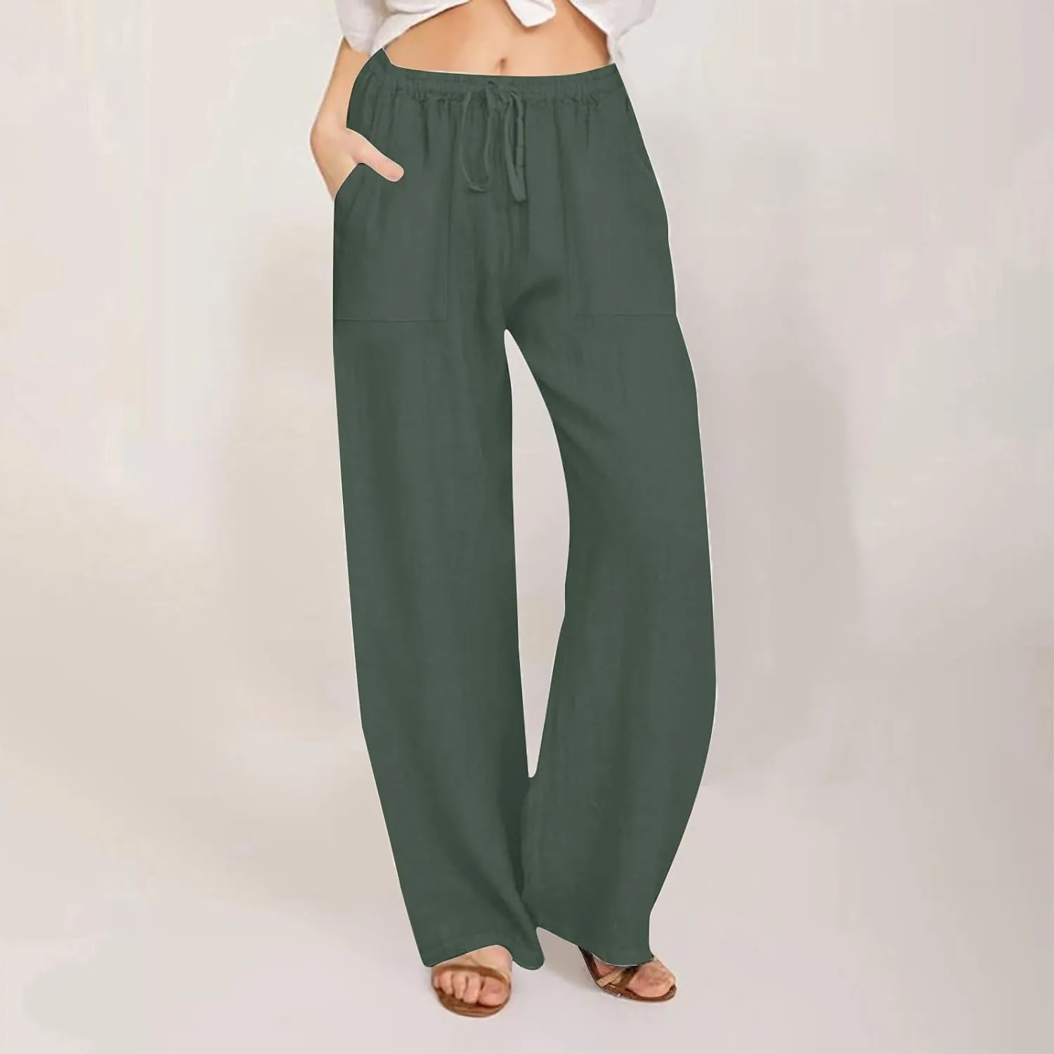 Wide Leg Linen Pants for Women Casual Summer Elastic Waist Loose Palazzo Trousers Flowy Beach Lounge Pants with Pocket