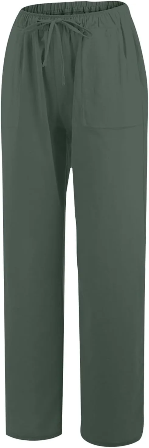 Wide Leg Linen Pants for Women Casual Summer Elastic Waist Loose Palazzo Trousers Flowy Beach Lounge Pants with Pocket