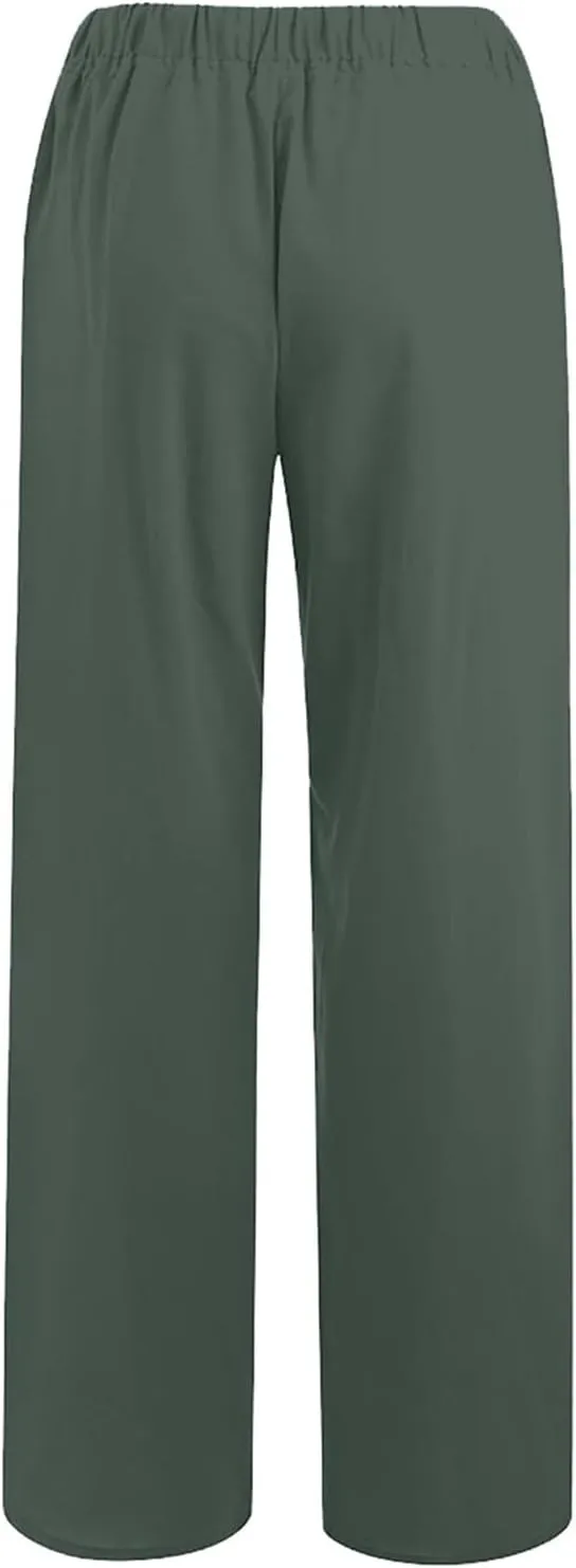 Wide Leg Linen Pants for Women Casual Summer Elastic Waist Loose Palazzo Trousers Flowy Beach Lounge Pants with Pocket
