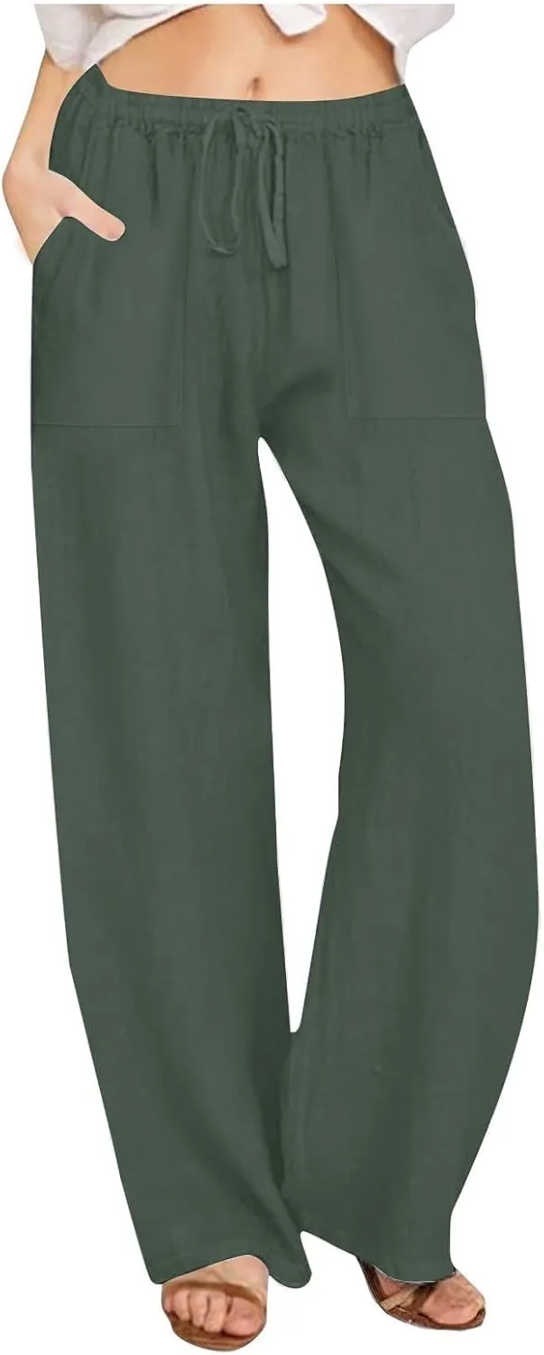 Wide Leg Linen Pants for Women Casual Summer Elastic Waist Loose Palazzo Trousers Flowy Beach Lounge Pants with Pocket