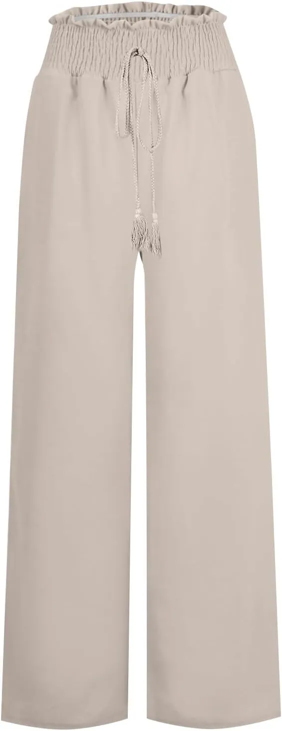 Wide Leg Linen Pants for Women Trendy 2024 Casual Summer High Waist Drawstring Pants Loose Beach Trousers