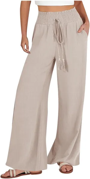 Wide Leg Linen Pants for Women Trendy 2024 Casual Summer High Waist Drawstring Pants Loose Beach Trousers