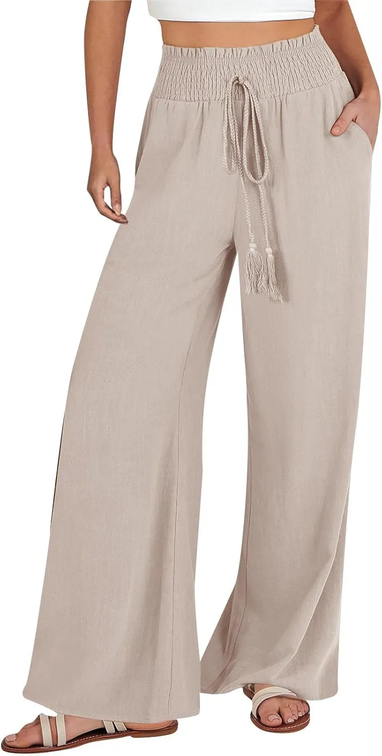 Wide Leg Linen Pants for Women Trendy 2024 Casual Summer High Waist Drawstring Pants Loose Beach Trousers