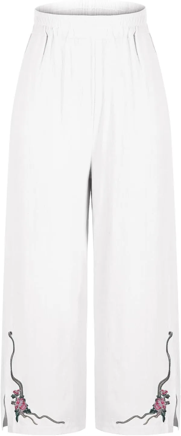 Wide Leg Linen Pants for Women Vintage Floral Embroidered Cropped Trousers High Elastic Waist Summer Beach Pants