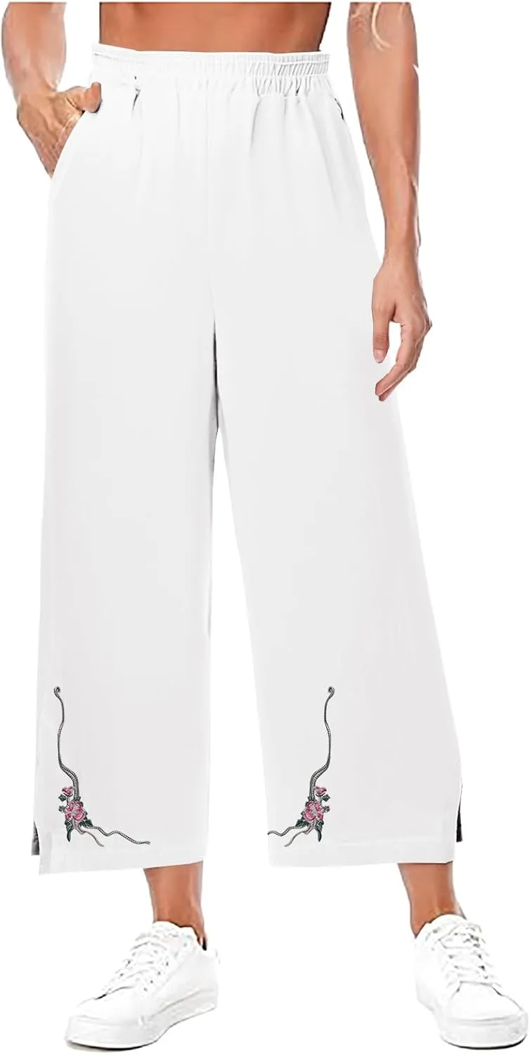 Wide Leg Linen Pants for Women Vintage Floral Embroidered Cropped Trousers High Elastic Waist Summer Beach Pants