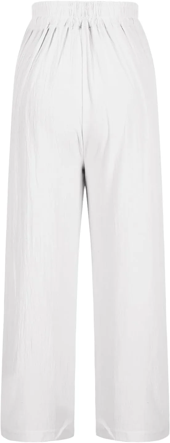 Wide Leg Linen Pants for Women Vintage Floral Embroidered Cropped Trousers High Elastic Waist Summer Beach Pants