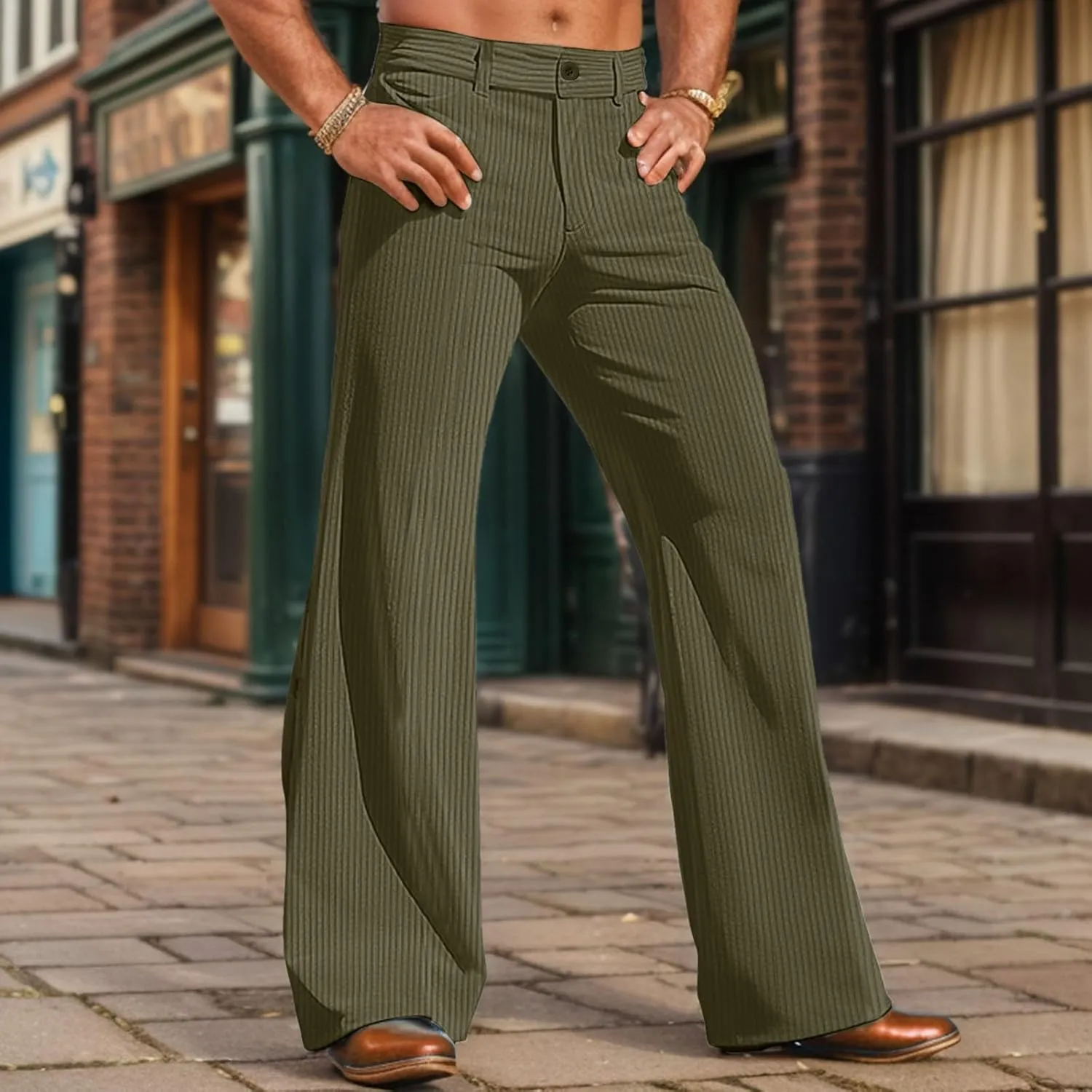 Wide Leg Pants Dress Pants Solid Color Loose Comfy Slim Fit Corduroy Elastic Waist Baggy Casual Pants with Pockets