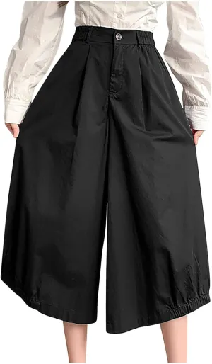 Wide Leg Pants for Women Culottes Pants Lightweight Loose Fit Summer Trousers Elastic High Waist Pants Cinch Bottom
