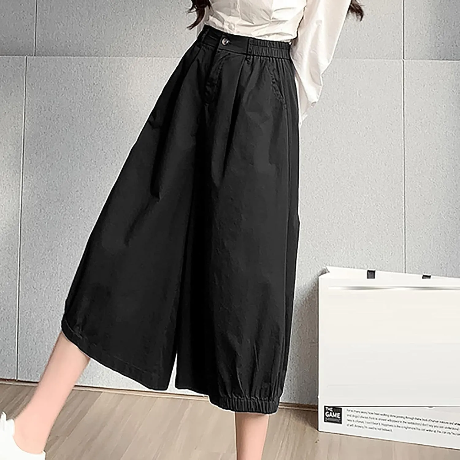 Wide Leg Pants for Women Culottes Pants Lightweight Loose Fit Summer Trousers Elastic High Waist Pants Cinch Bottom