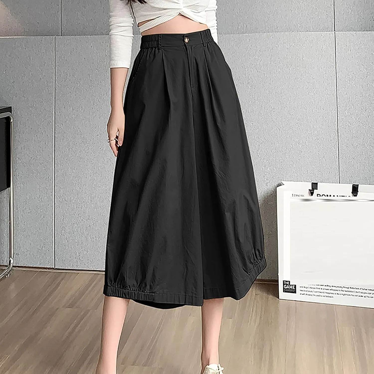 Wide Leg Pants for Women Culottes Pants Lightweight Loose Fit Summer Trousers Elastic High Waist Pants Cinch Bottom